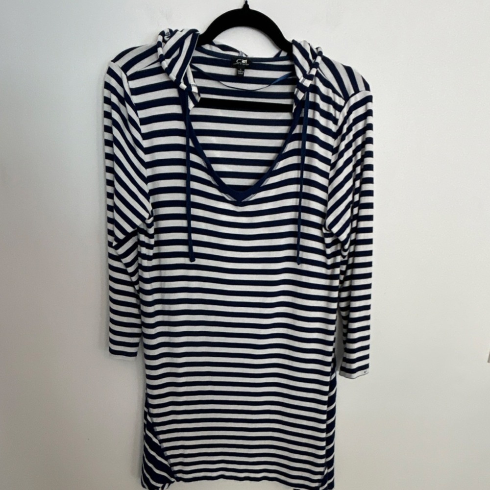 Cable & Gauge Navy White Striped Hooded Tunic Top L Women's Knit Pullover comfy
